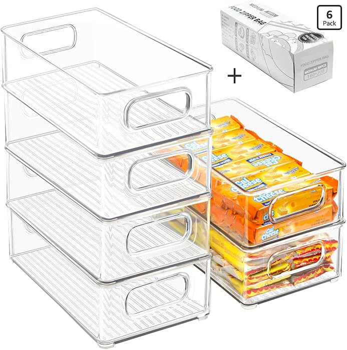 Stackable Refrigerator Organizer Bins, 6 Pack Clear Kitchen Organizer Container Bins with Handles... | Amazon (US)