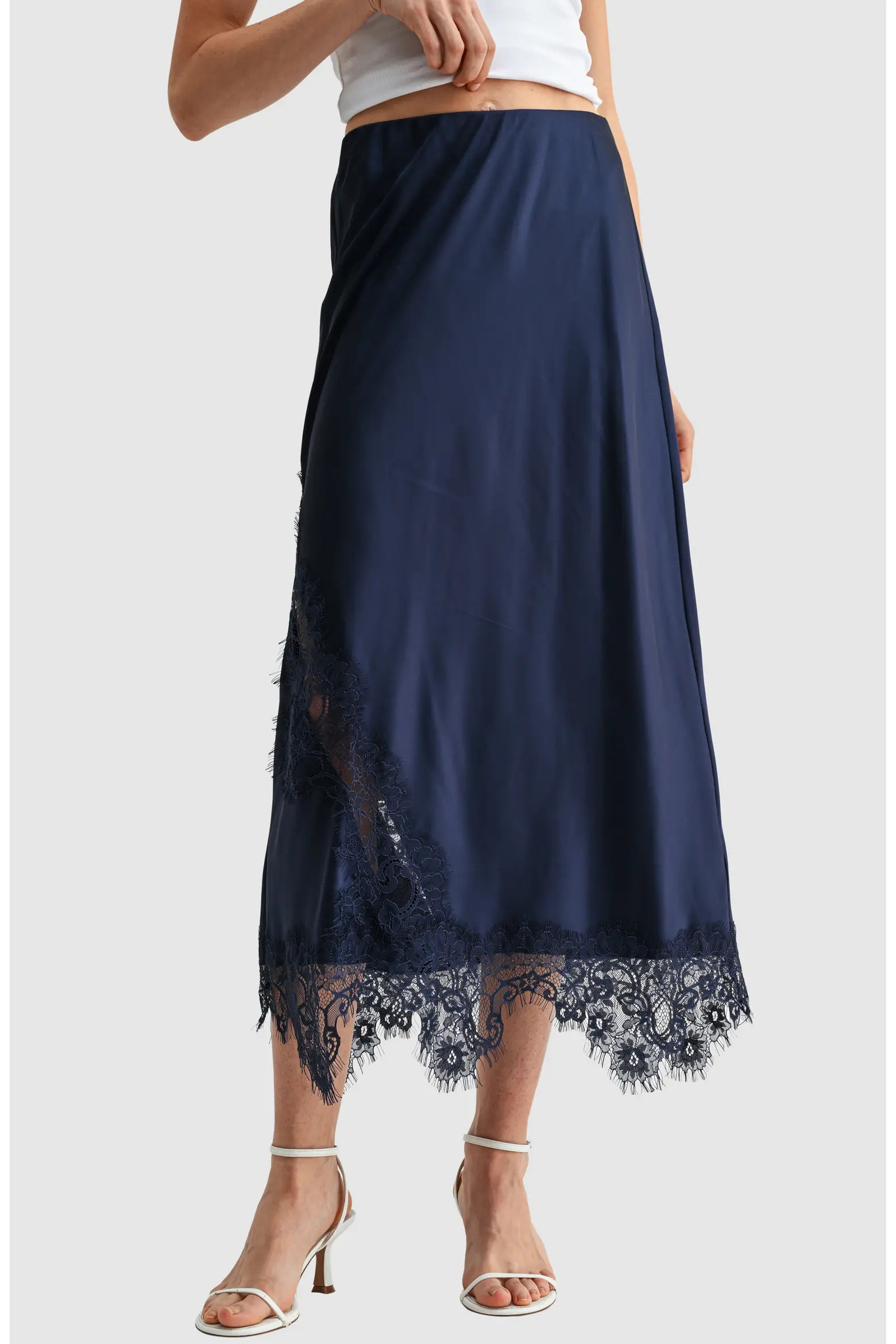 Lace Trim Satin Midi Skirt (Women) | Nordstrom | Nordstrom
