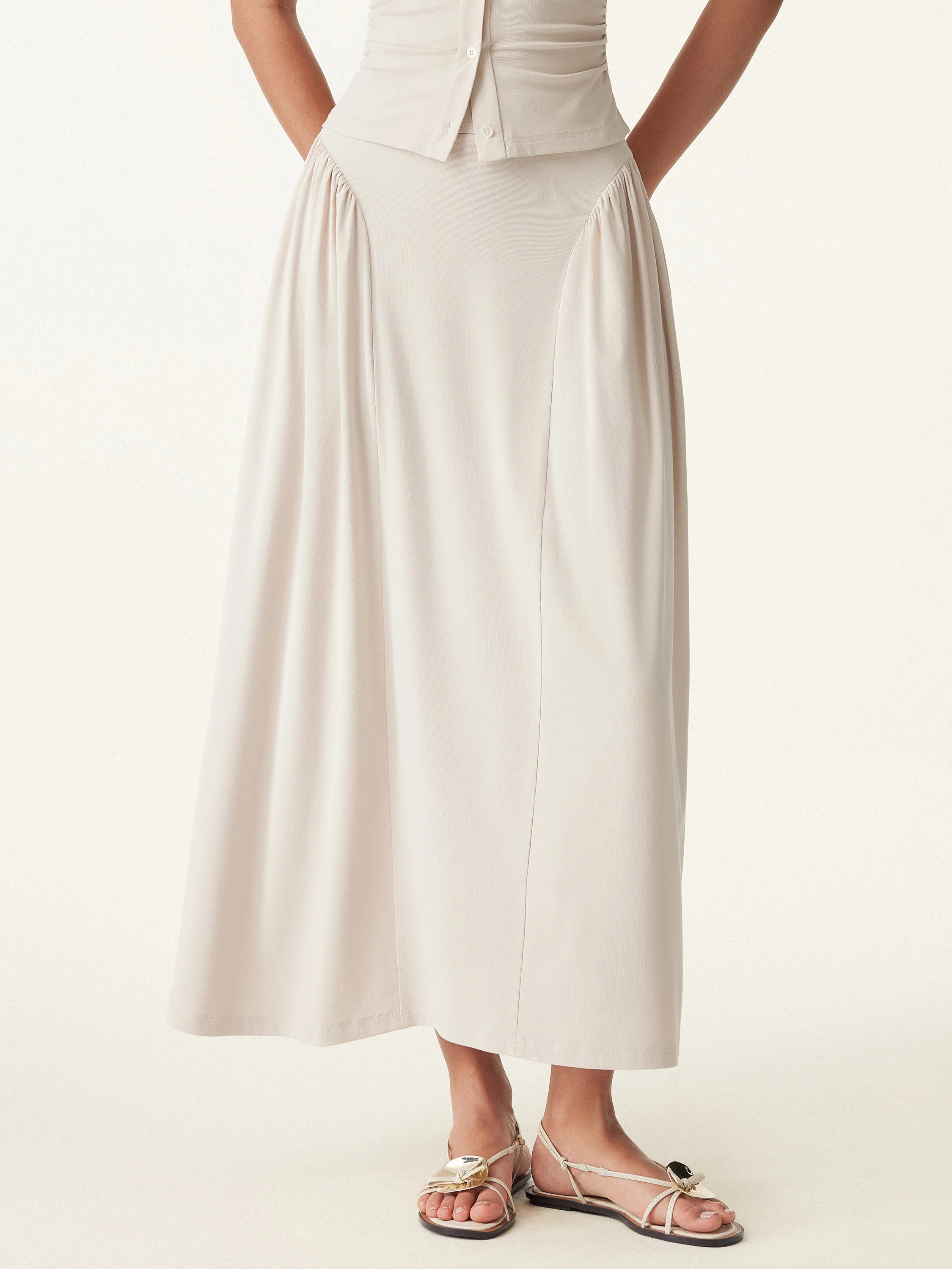 Curved Gathering Flared Midi Skirt with Pockets | OGLmove