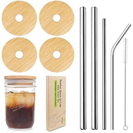 Wide Mouth Mason Jar Lids, CNVOILA Mason Jar Lids With Straw Hole, 6 Pack Bamboo Mason Jar Lid & 3 S | Amazon (US)