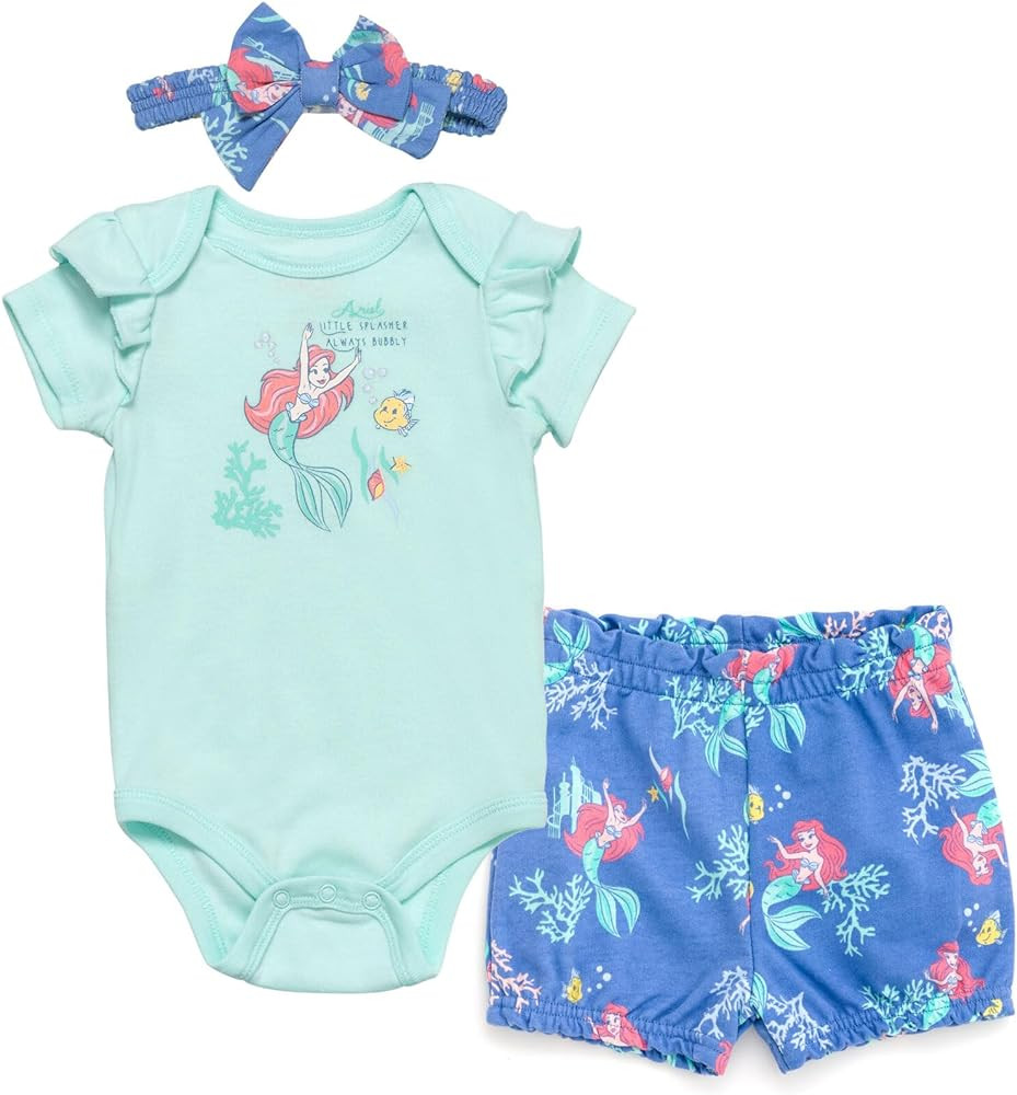 Disney Princess Ariel Belle Tiana Baby Girls Bodysuit Bubble Shorts and Headband 3 Piece Outfit S... | Amazon (US)