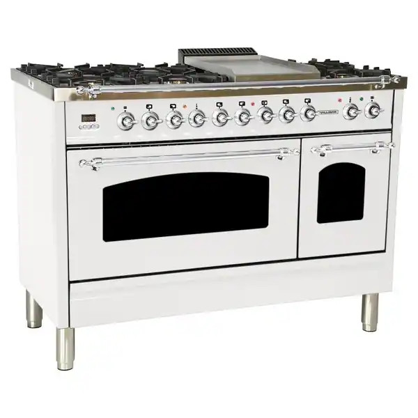 HALLMAN 48" Dual Fuel Italian Range, LP Gas, Chrome Trim in White | Bed Bath & Beyond