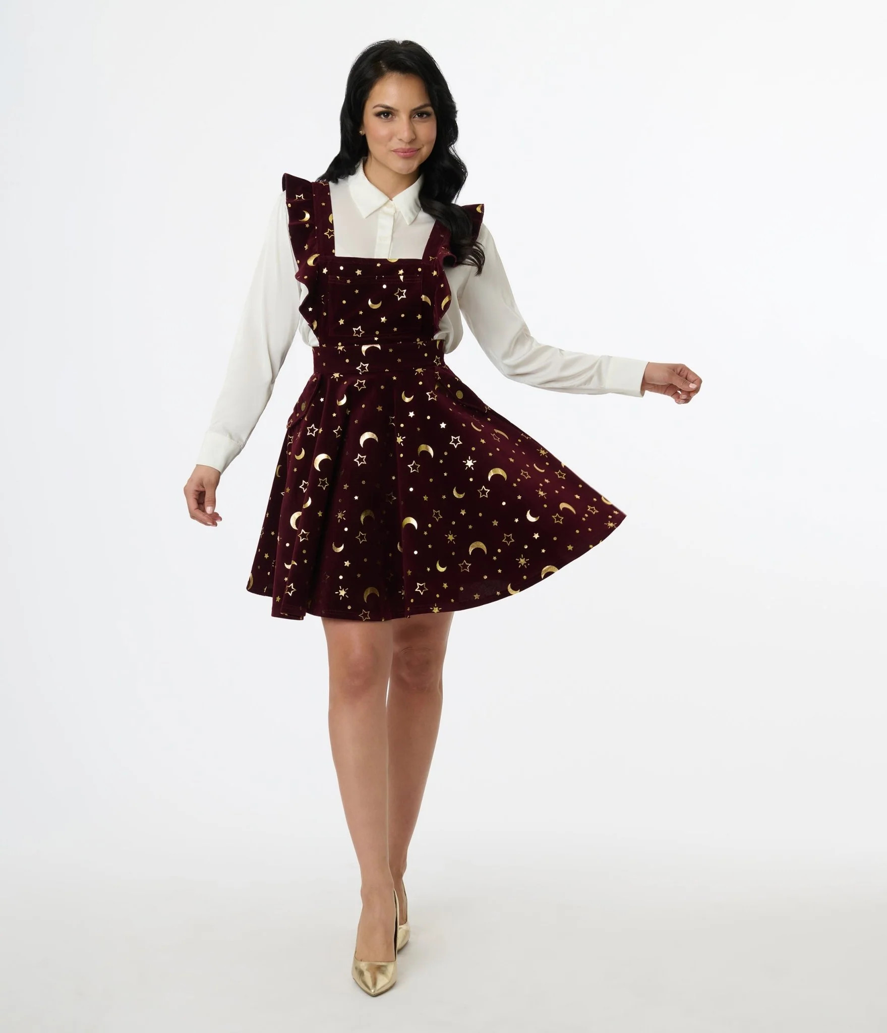 Unique Vintage Burgundy & Gold Moon & Star Corduroy Ruffle Pinafore | UniqueVintage