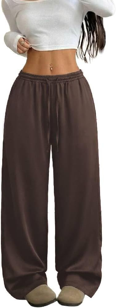 Aoulaydo Women's Satin Silk Wide Leg Pants Low Waist Baggy Pants Lounge Bottoms with Pockets for ... | Amazon (US)