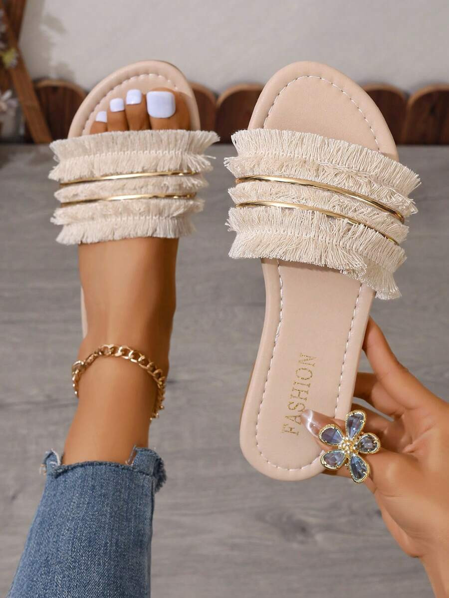 Ladies' Vacation Style Fringed Flat Sandals, Beach Summer Open-Toe Slippers For Women | SHEIN