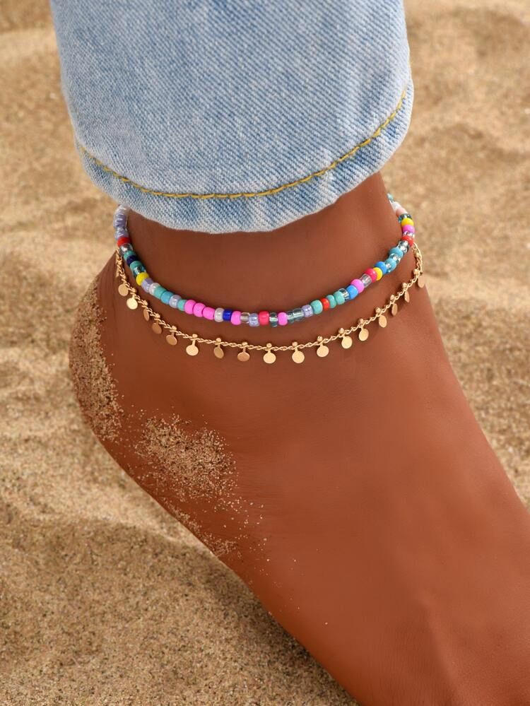 2pcs Random Color Block Beaded Anklet | SHEIN