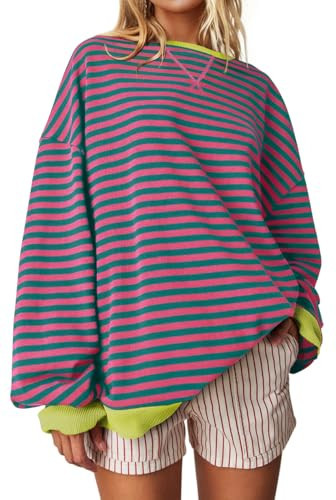 UEU Womens Long Sleeve Striped Sweatshirts Casual Fashion Crew Neck Pullover Tops Pink Green Striped XX-Large | Amazon (US)