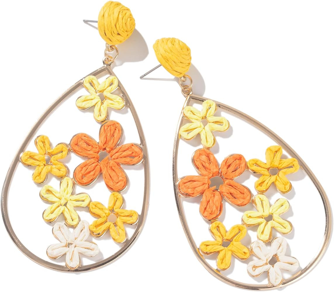 Flower Teardrop Earrings Boho Raffia Earrings Cute Floral Dangle Earrings Trendy Statement Jewelr... | Amazon (US)