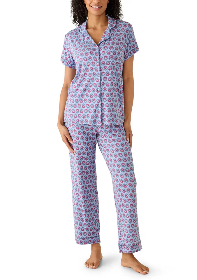 Women's Short Sleeve Notch Collar Shirt and Pants Pajama Set | Belk