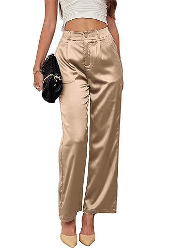 heipeiwa Women's Wide Leg Wedding Party Satin Casual Dress Nightout Pants Long Trouser Gold, Medium | Amazon (US)