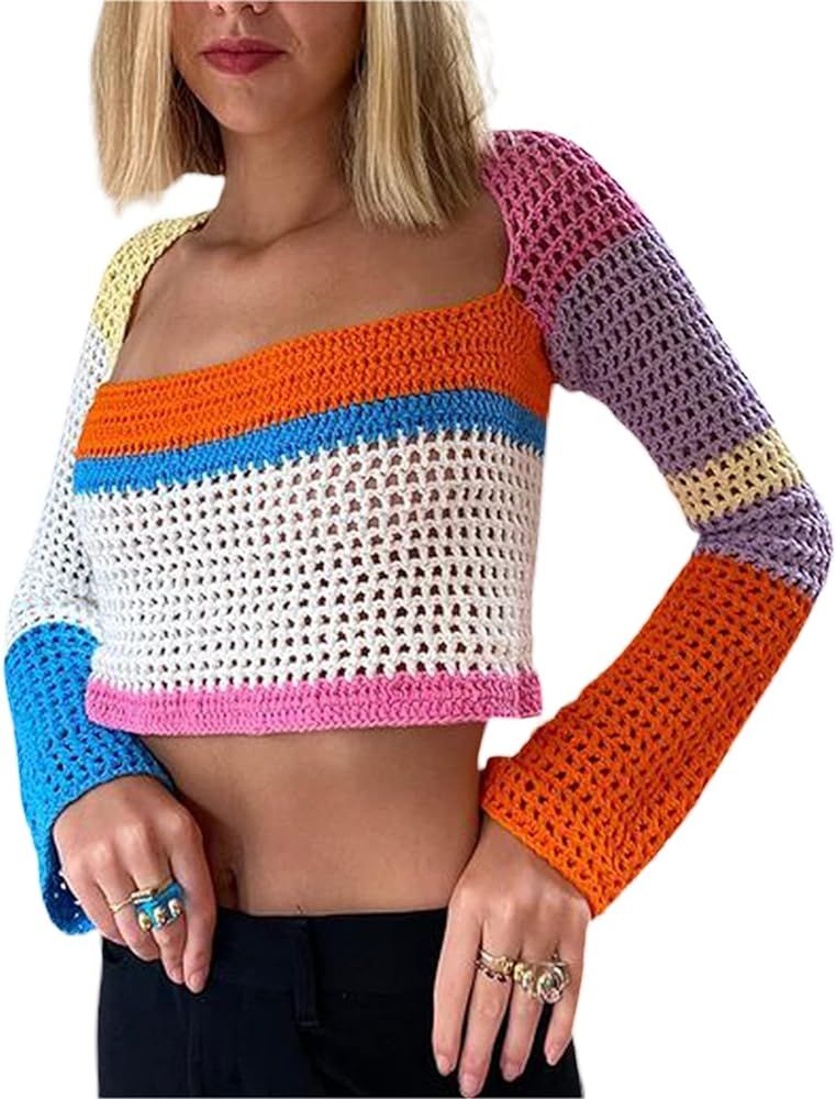 Women Long Sleeve Hollow Out Sweater Crop Top Y2k Crochet Knit Color Block Pullover Shirt Jumper Str | Amazon (US)