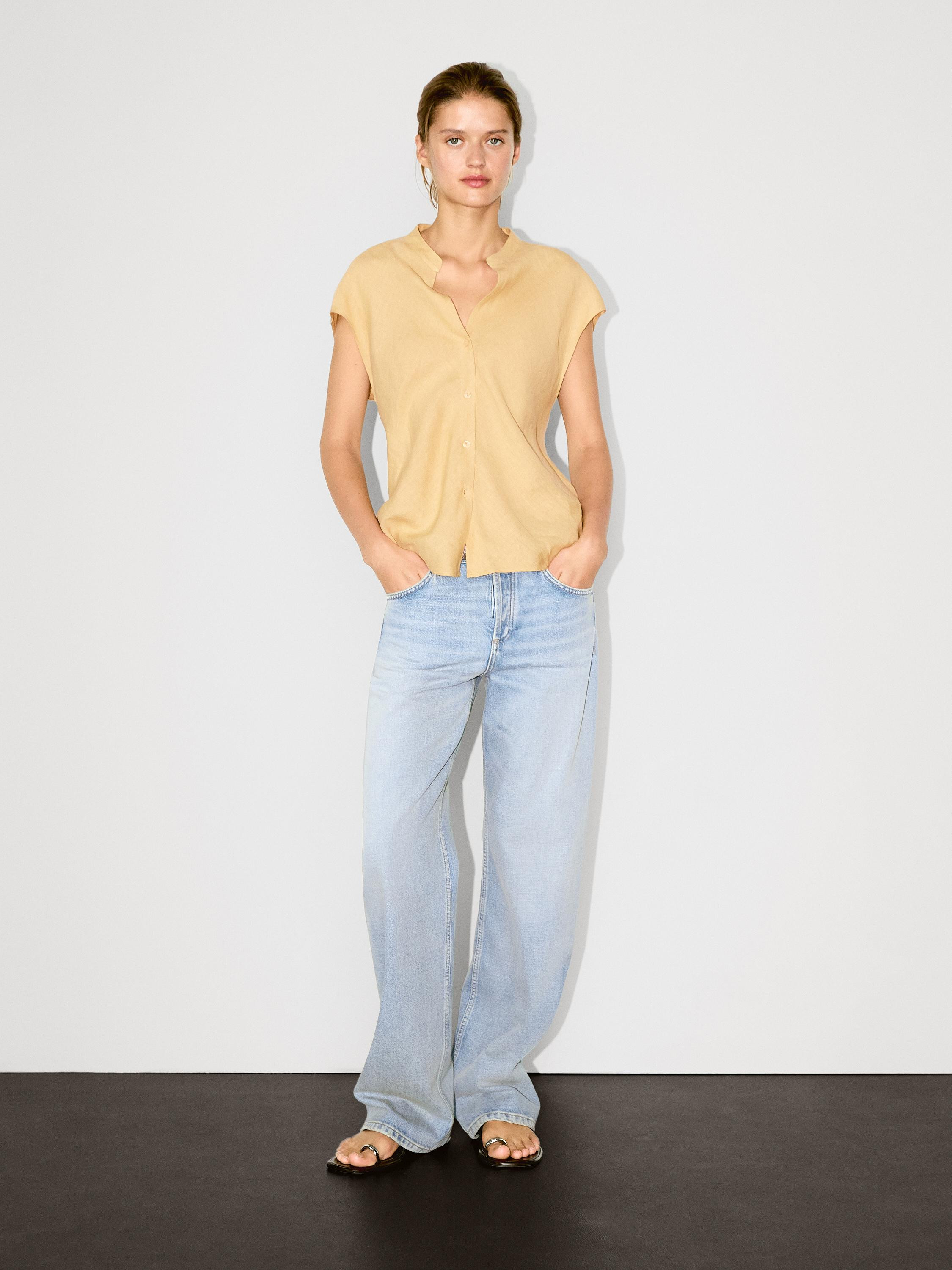 100% linen flowing blouse with open neck | Massimo Dutti UK
