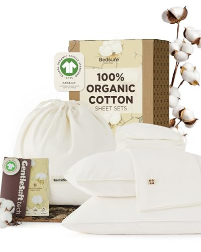 Bedsure 100% GOTS Organic Cotton Sheets, Fair Trade Certified Queen Bedding Set, Eco-Friendly, Soft, 17 inches Deep Pocket Queen Sheet, Sateen Weave Cotton Luxurious Hotel Bed Set, Ivory | Amazon (US)