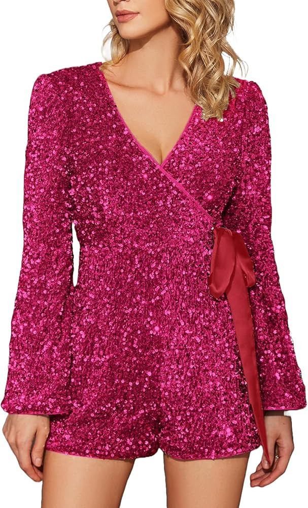 EXTRO&VERT Sequin Romper for Women Sparkly One Piece Jumpsuit Long Sleeve Disco Party Outfit | Amazon (US)