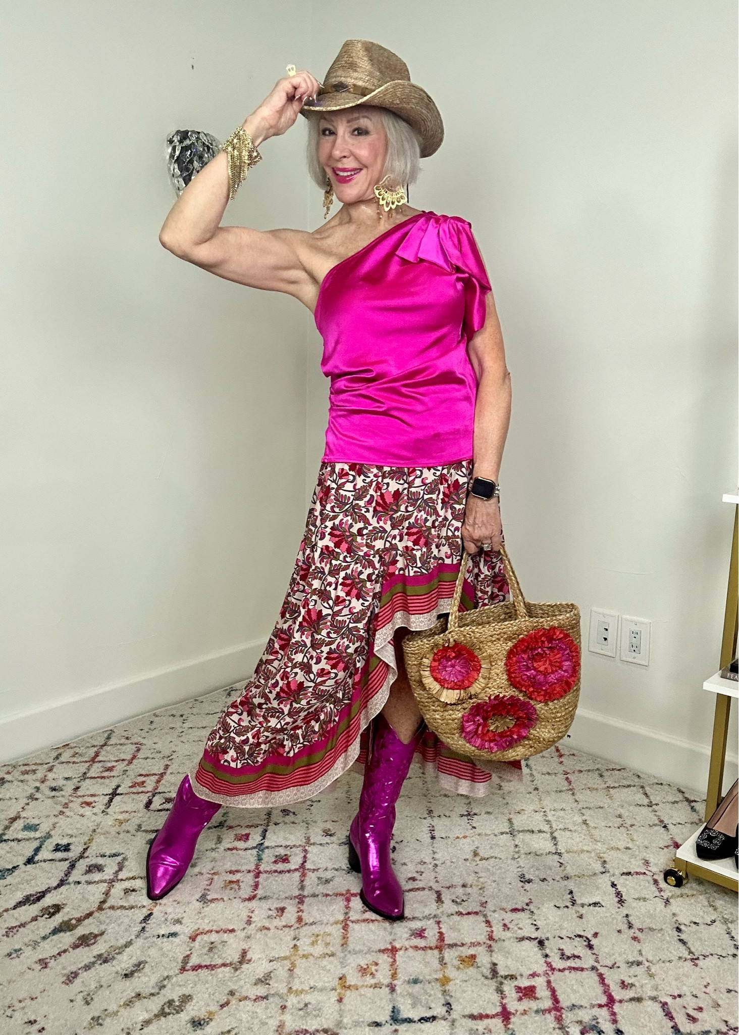 Barbiecore look. Fuchsia satin top over a pull on high low skirt. Wearing a size medium. Comes in other prints.
Metallic fuchsia cowboy boots….linked similar styles 

#LTKunder50 #LTKFind #LTKshoecrush