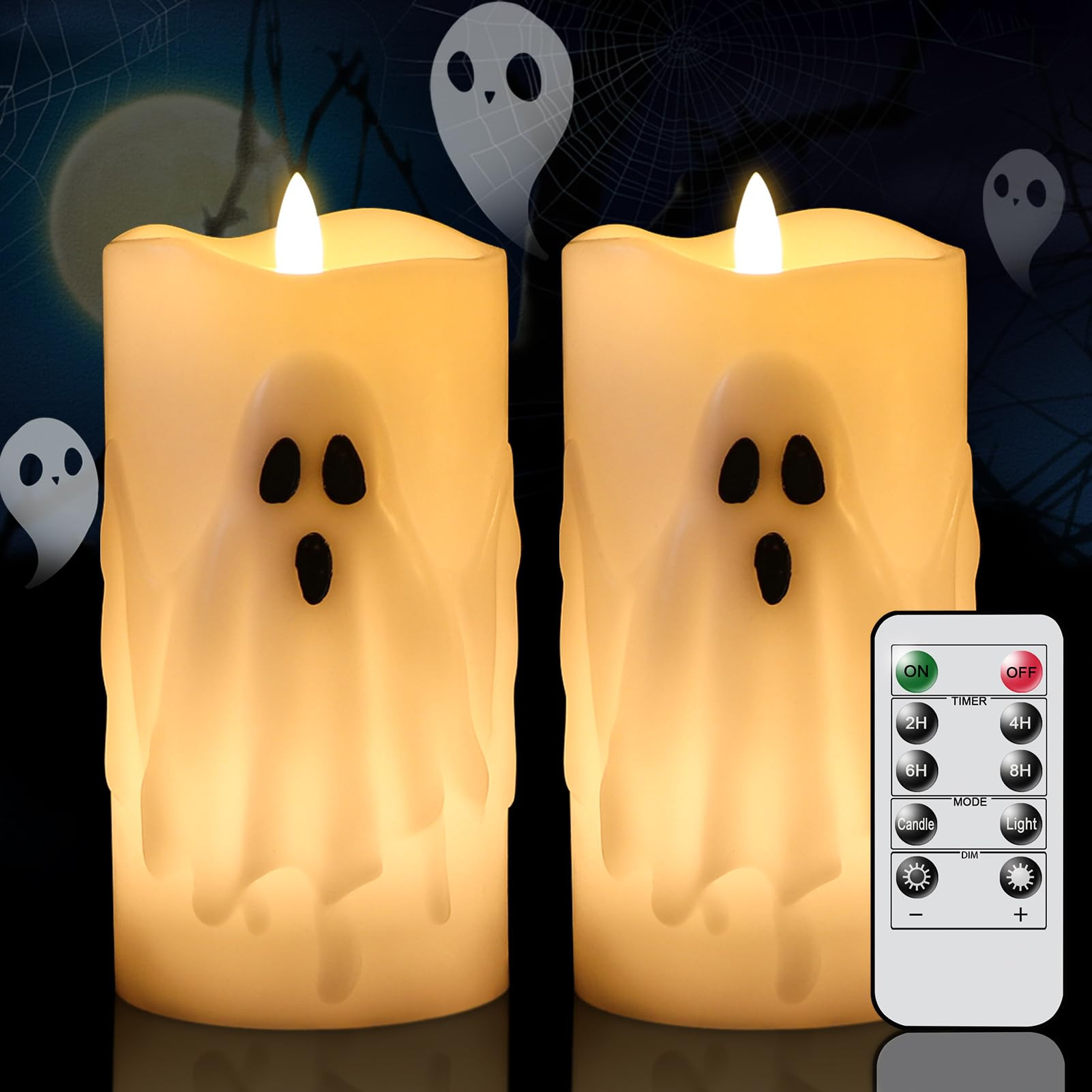 Halloween Ghost Flameless Pillar Candles with Remote Timer, Battery Operated LED Candles for Hall... | Amazon (US)
