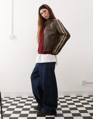 Reclaimed Vintage leather look biker jacket with stripes in washed brown | ASOS (Global)
