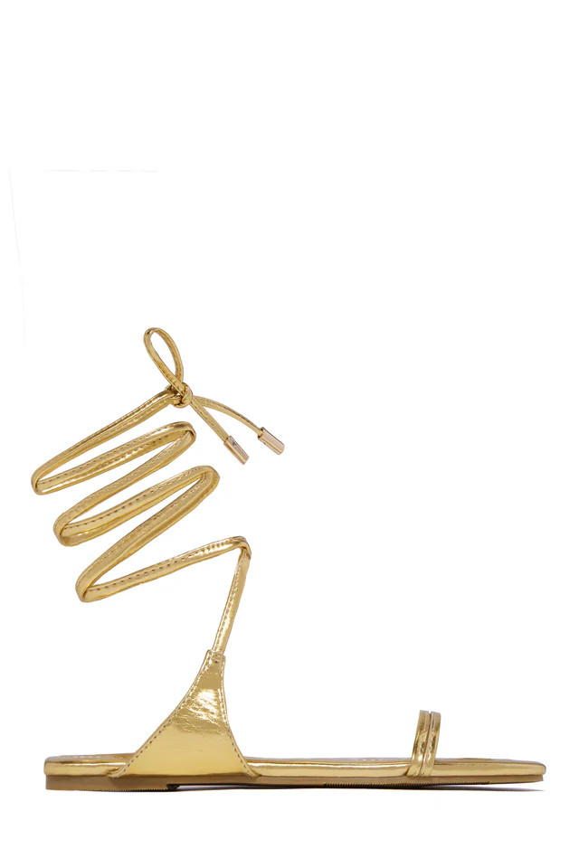 Miss Lola | Gold Lace Up Flat Sandals | MISS LOLA