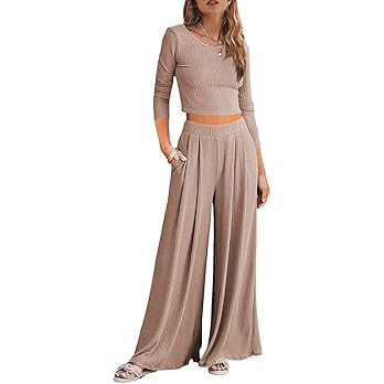 Lveberw Lounge Set Womens, Outfits Sets, Ribbed Crop Top Long Sleeve, Palazzo Pants - Loose Sweat... | Amazon (US)