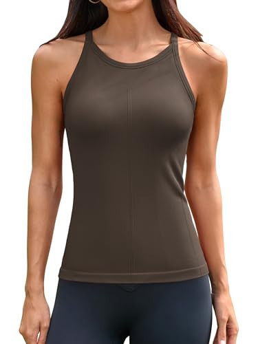 ATTRACO Womens Workout Tank Tops with Built in Bra Athletic Tank Tops for Women Ribbed Seamless Yoga Running Gym Top Dark Brown | Amazon (US)