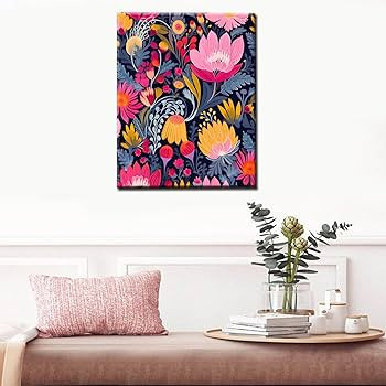 Pink Red Yellow Flowers Paint by Numbers Kits 16x20 inch Canvas Black Background Colorful Floral ... | Amazon (US)