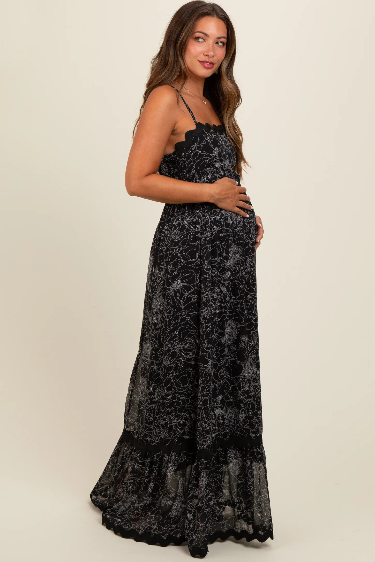 Black Floral Contrast Trim Maternity Maxi Dress | PinkBlush Maternity