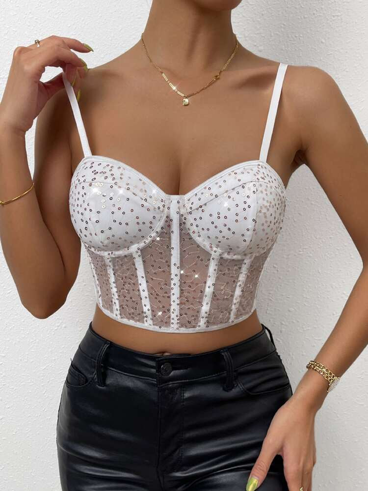 Sequin Mesh Bustier Crop Cami Top | SHEIN