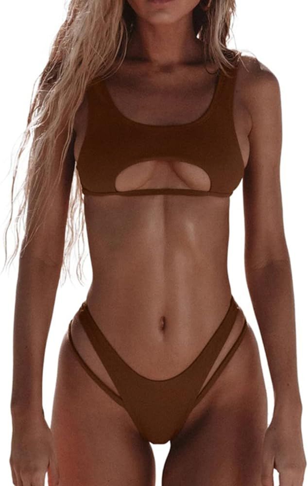 SherryDC Women's Sexy Scoop Neck Padded Cutout Strappy Thong Bikini Set Swimsuit | Amazon (US)