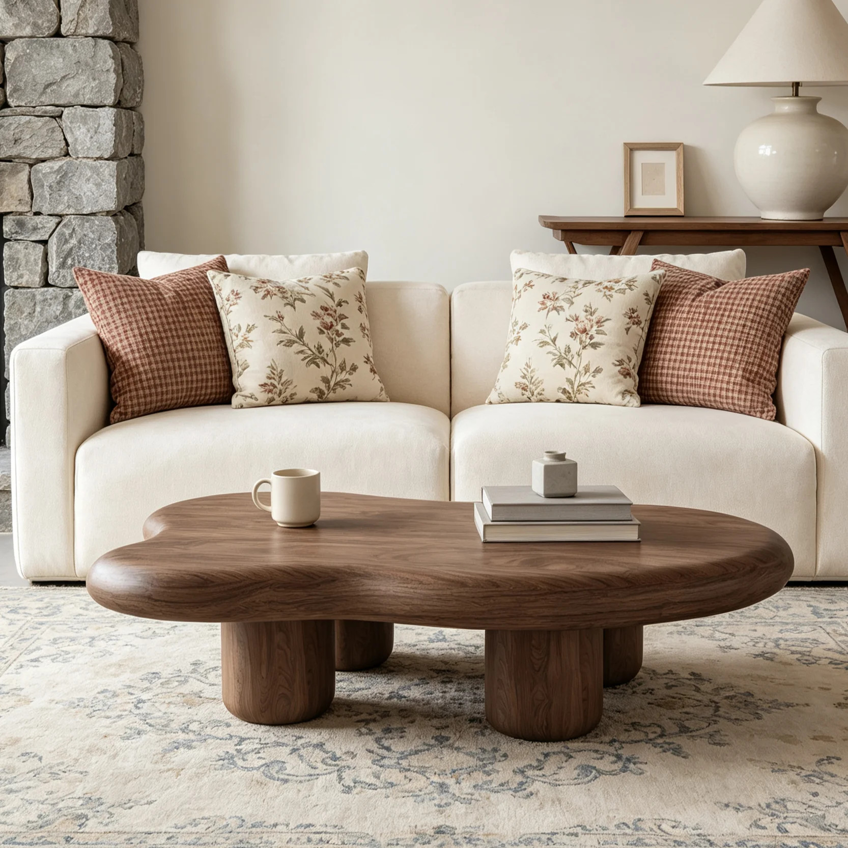 48.43'' Organic Modern Walnut Veneer Coffee Table with Thick Top and Cylindrical Legs | Wayfair North America