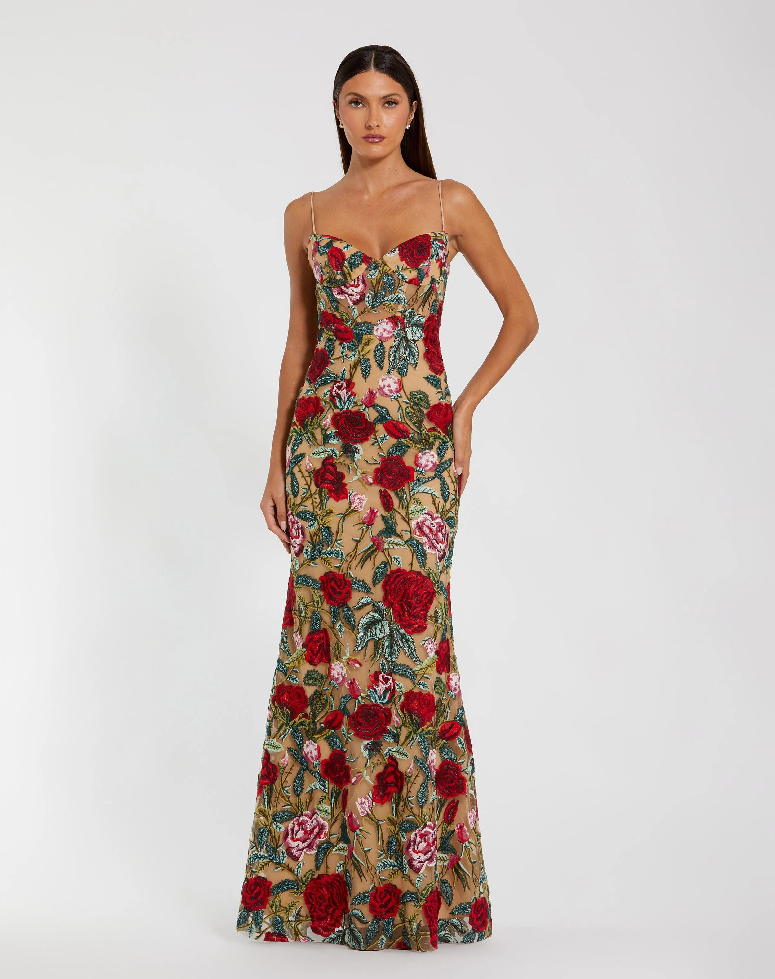 Beige Floral Embroidered Spaghetti Strap Gown - Mac Duggal | Mac Duggal