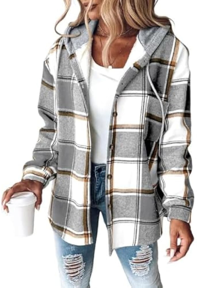 CHICME Womens Lightweight Casual Jacket 2025 Plaid Long Sleeve Shacket Fleece Lined Hooded Jacket... | Amazon (US)