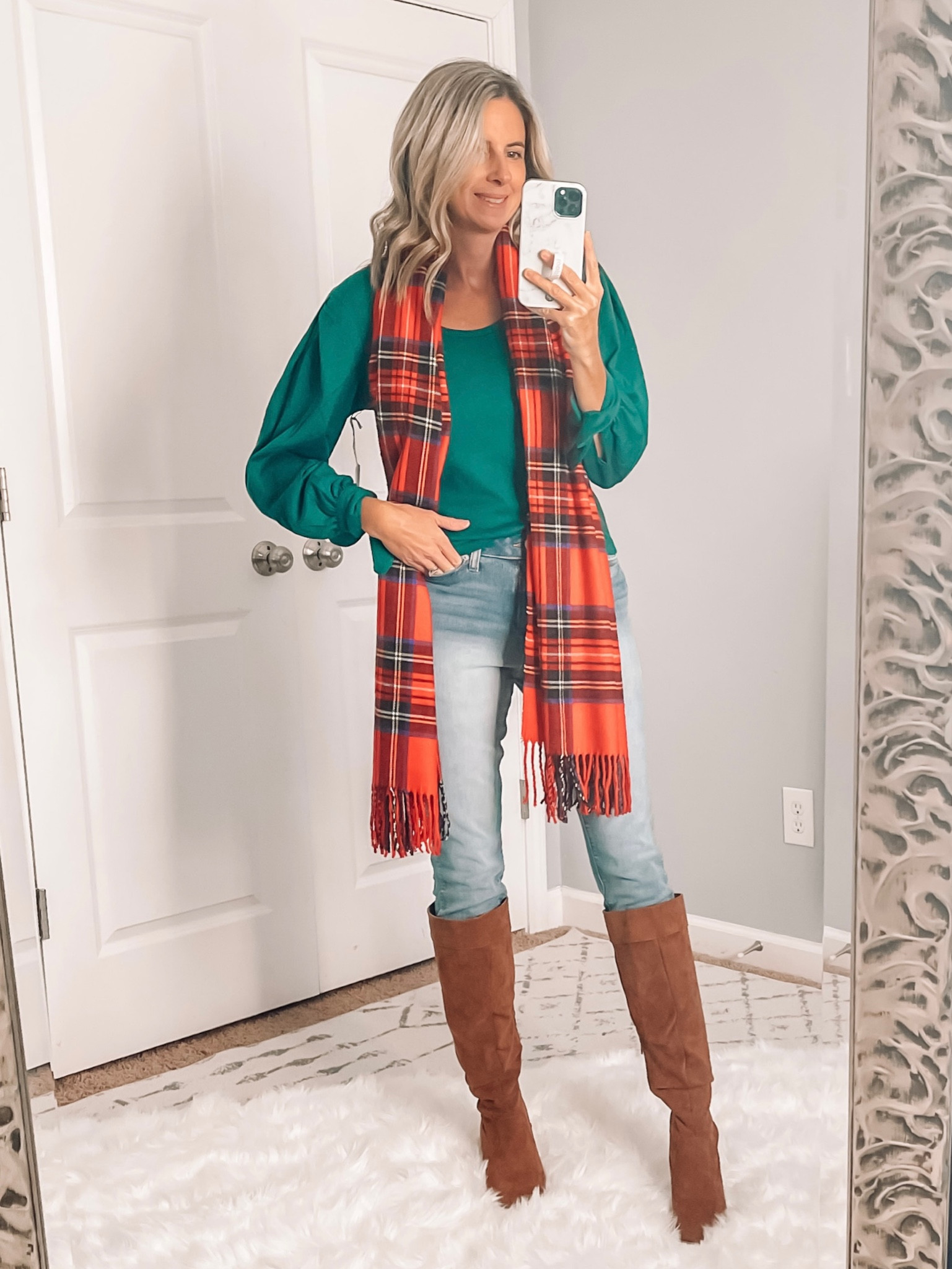 Walmart Christmas outfit 
Holiday outfit idea 
Green shirt 
Plaid scarf 
Christmas scarf


#LTKHoliday #LTKshoecrush #LTKunder50
