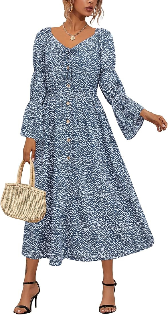 LAISHEN Women's Floral Long Sleeve Dress Casual Boho V Neck Formal Dress Flowy Fall Midi Dresses wit | Amazon (US)