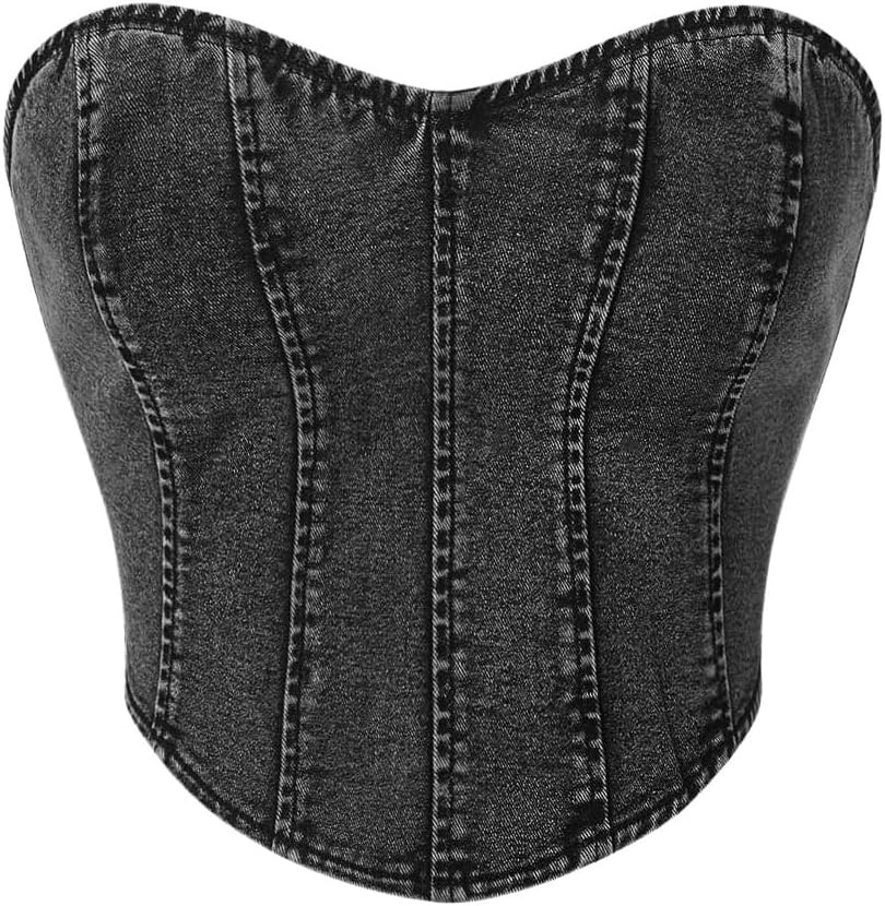 Floerns Women's Solid Strapless Bandeau Asymmetrical Hem Denim Crop Tube Top | Amazon (US)