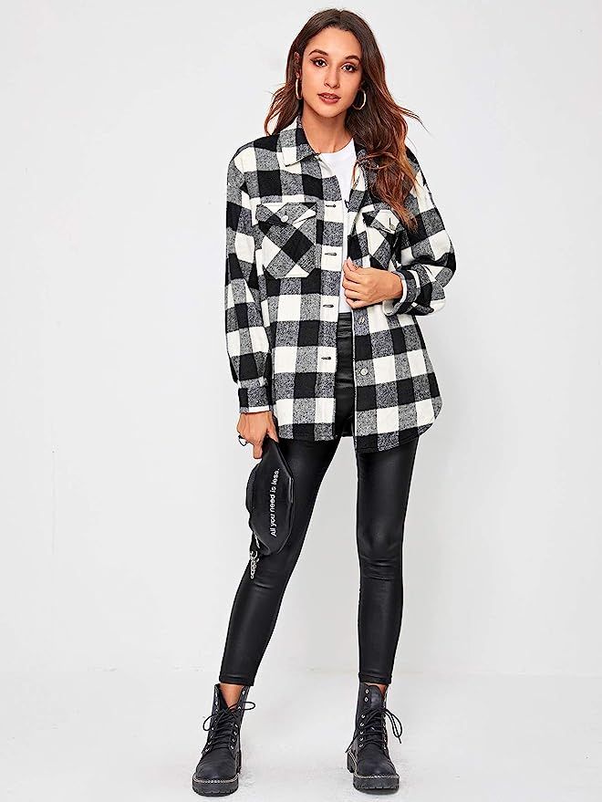 MakeMeChic Women's Plaid Shacket Jacket Coat Flannel Button Down Shirt | Amazon (US)