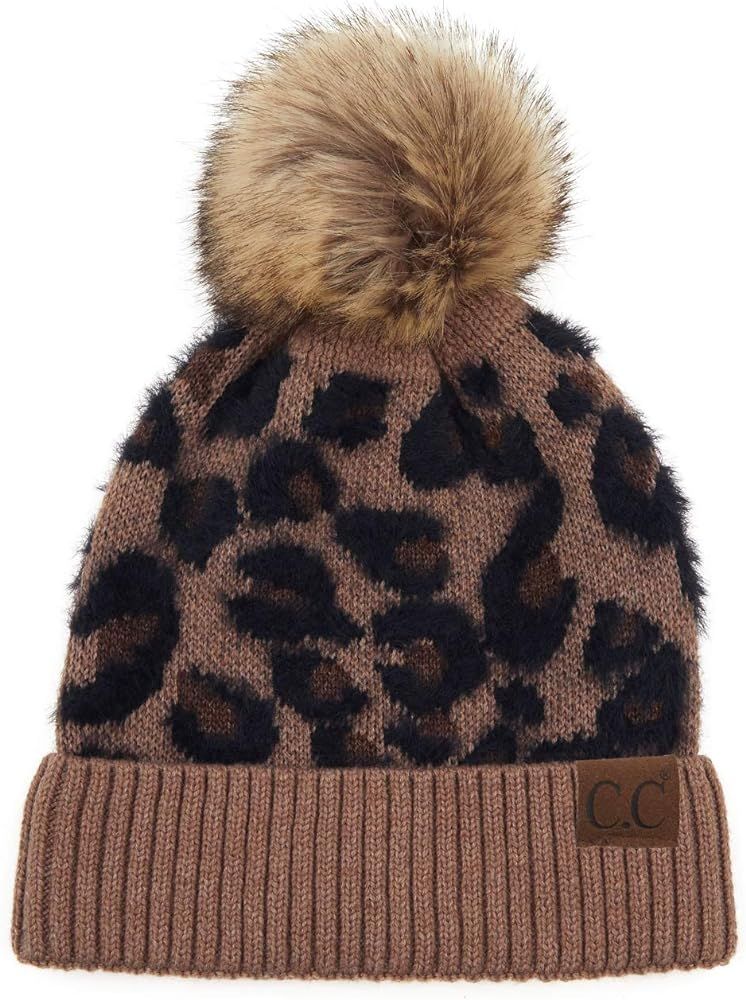 Funky Junque Womens Beanie Leopard Zebra Animal Print Warm Knit Faux Fur Pom Hat | Amazon (US)