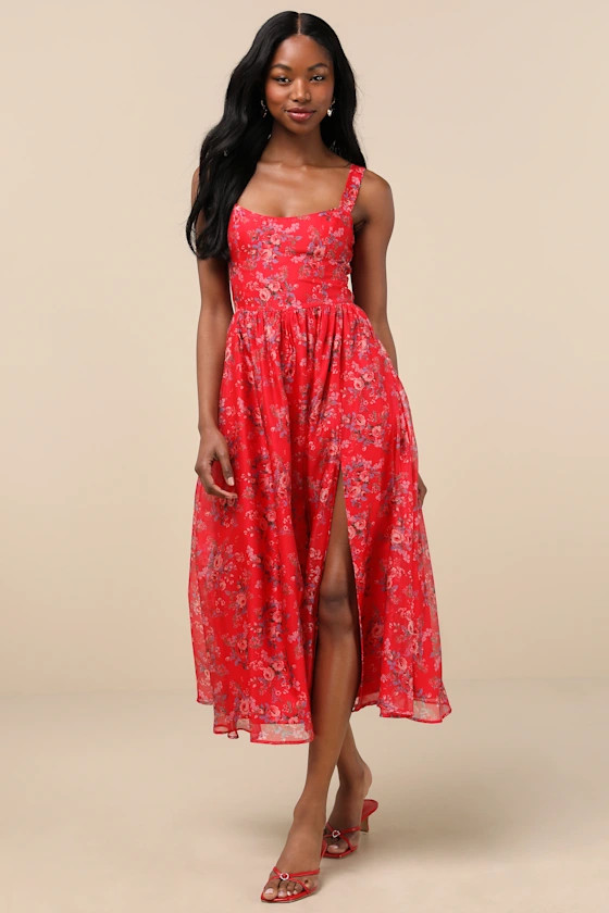 Francesca Red Floral Sleeveless Midi Dress | Lulus