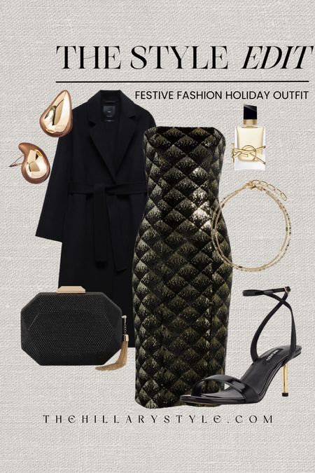 The Style Edit: Festive Holiday Outfit. It’s the holiday season which means time for holiday and New Years events. A festive look perfect for any office, neighborhood or family holiday party. Sequin strapless dress, black wool coat, black strappy heels, gold statement earrings, gold bracelet set, black and gold clutch, perfume. Holiday outfit, party dress, cocktail dress, festive fashion, party outfit, NYE party dress. 

#LTKparties #LTKSeasonal #LTKHoliday