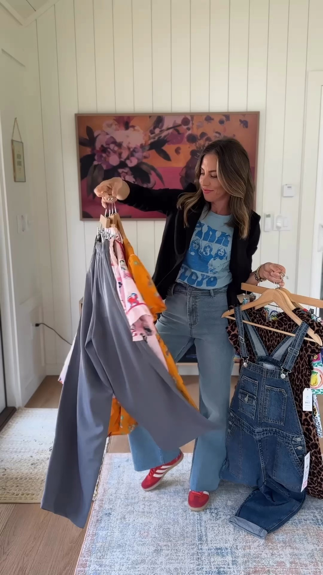 #WalmartPartner 
We are teaming up with @Walmartfashion to share some of our favorite fashion finds. 

#ad #walmartfashion
 
Some are long standing favorites like the ponte blazer with the scrunched sleeves and of course our favorite PJs that now come in a ton of colors, prints, and styles. It's the fabric that makes them so good! They wash up great and last forever! These cowgirl ones are not the brand we always talk about, but I had to try them because they would be so cute for a girls trip to Nashville! You all know I love leopard print, so I had to try this smocked midi dress. It can easily be dressed up or down and it's only $18. This cute little yellow dress is absolutely adorable and it comes in several prints and colors. I love that the neckline ties enough to actually cover your bra. This next outfit includes my two favorite pieces of the entire haul. THESE PANTS ARE SO GOOD! They wash and dry great and they are so comfortable and flattering. These could easily be worn to the office or dressed down like I did here! These $8 ribbed henleys are a staple in my closet. They are soft, stretchy and tuck easily into pants and are great under overalls like these ones!
.
Sizing info:
Blazer: Xs (fits TTS)
Pink Floyd graphic Tee: large bc I love to sleep in them.
Jeans: size small and they are so good! They come in lots of colors and washes!
Both PJ sets: Xs (fit TTS)
Leopard dress: Xs (fits TTS)
Yellow dress: Xs (fits TTS)
Trouser pants: Xs (fit TTS)
Ribbed Henley tank: SIZE UP! I sized up from an Xs to a small and kind of wish I had gotten a M.
Overalls: Xs (fit TTS)
.
I also linked a few of my other favorite Walmart items!!