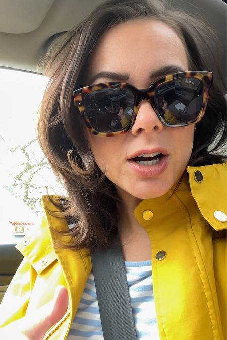 Yellow rain coat on MAJOR sale right now! Sunglasses are D frame from JCrew but they don’t have the tortoiseshell in D frame so I linked a similar pair. Top is old JCrew but linked a similar one 🤍 

#LTKstyletip