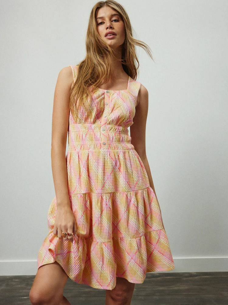 Roze/geel geruit - Sleeveless Textured Jersey Mini Dress | Next EU