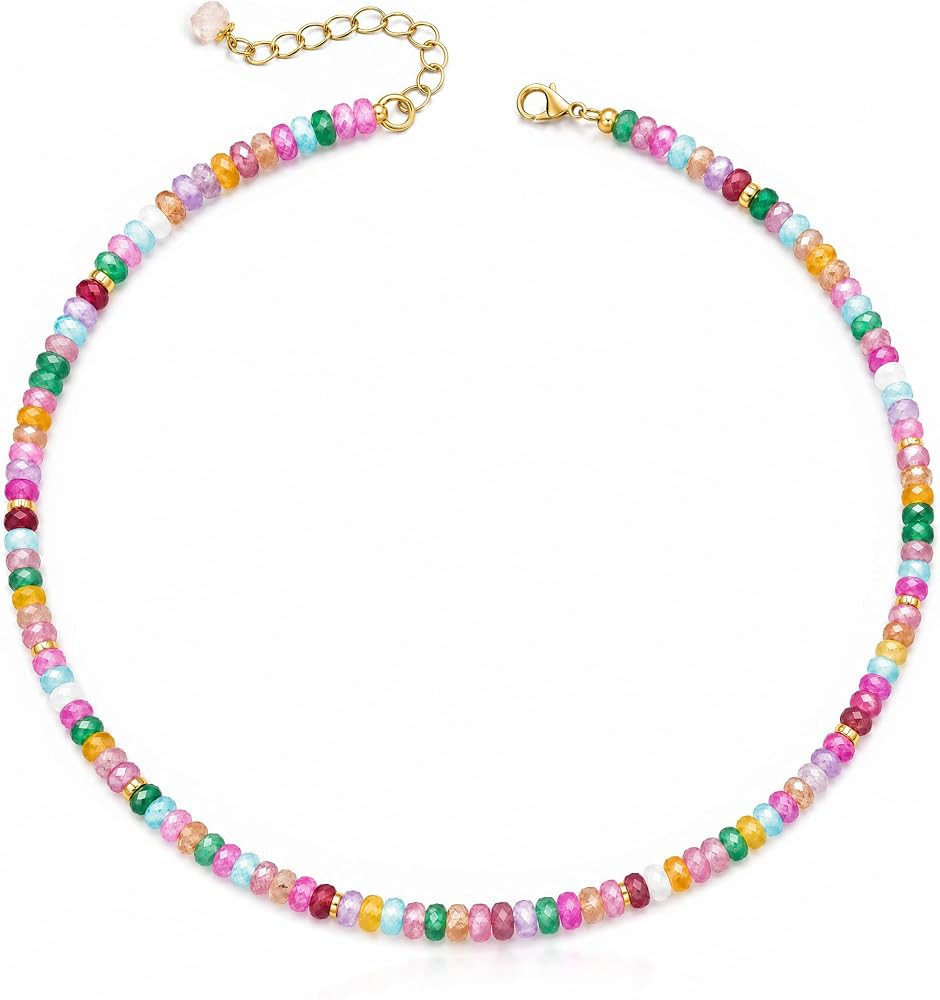 Natural Heishi Gemstone Choker Necklace for Women, Adjustable 15"+2" Beaded Layering Necklace, Co... | Amazon (US)