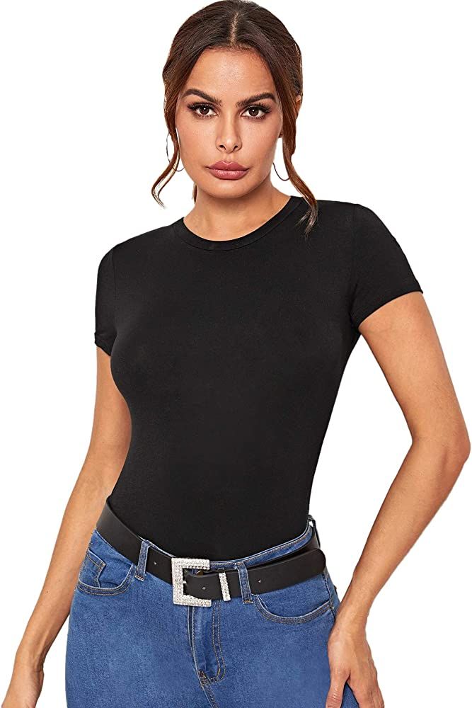 SheIn Women's Solid Basic Tee Round Neck Short Sleeve Slim Fit T-Shirt Tops | Amazon (US)