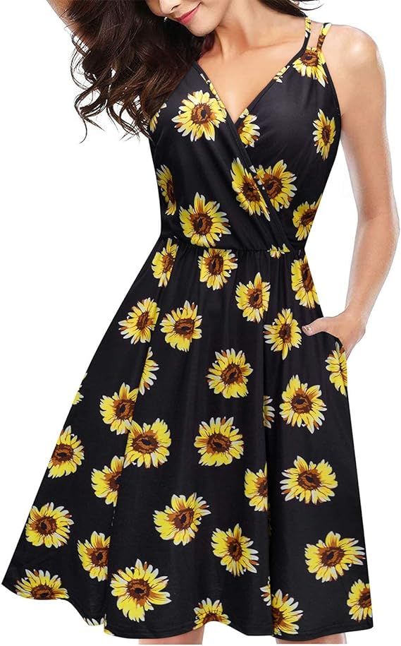 II ININ Women's Sundress V Neck Summer Casual Wrap Floral/Solid Dresses Spaghetti Strap Swing Dre... | Amazon (US)