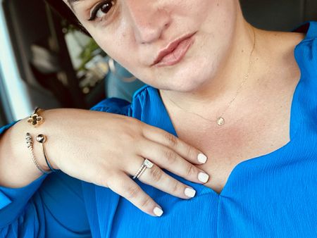 Jewelry. My husband and I get my jewelry from different places but if I had to choose one place it would be Bloomingdale’s I’m wearing gold bracelets and a dainty gold necklace with an emerald cut diamond ring 

#LTKworkwear #LTKwedding #LTKstyletip