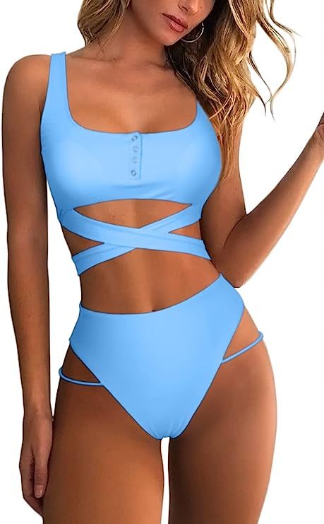 Mulisky Women’s Sexy Criss Bikini Set Snap Front High Waisted Two Piece Swimsuit Swimwear | Amazon (US)