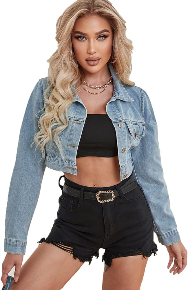 Women's Distressed Cropped Denim Jean Jacket Long Sleeve with Pocket… | Amazon (US)