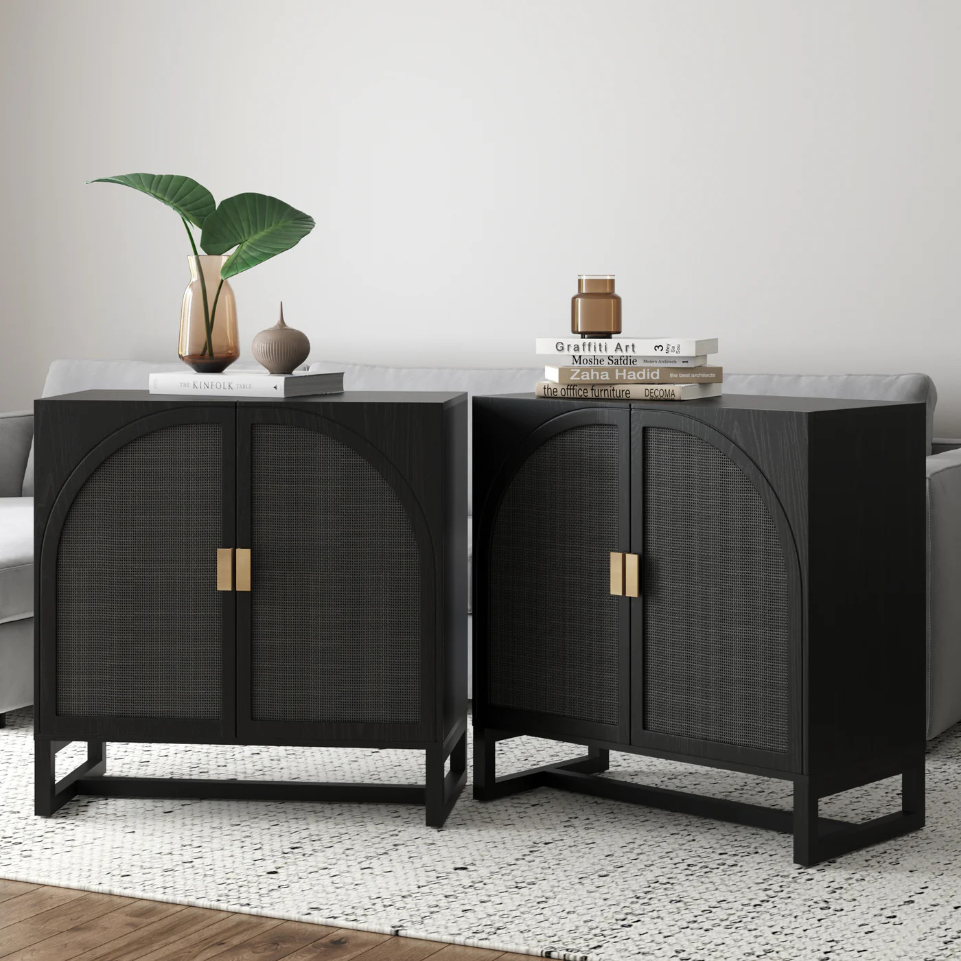 Arched Wooden TV Console Credenza Black Rattan (Set of 2) | Nathan James
