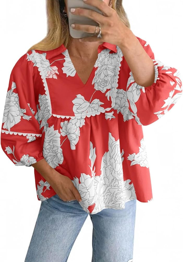 Tankaneo Womens Floral Peplum Babydoll Tops 3/4 Puff Sleeve Pleated Blouse Cute Casual V Neck Loo... | Amazon (US)