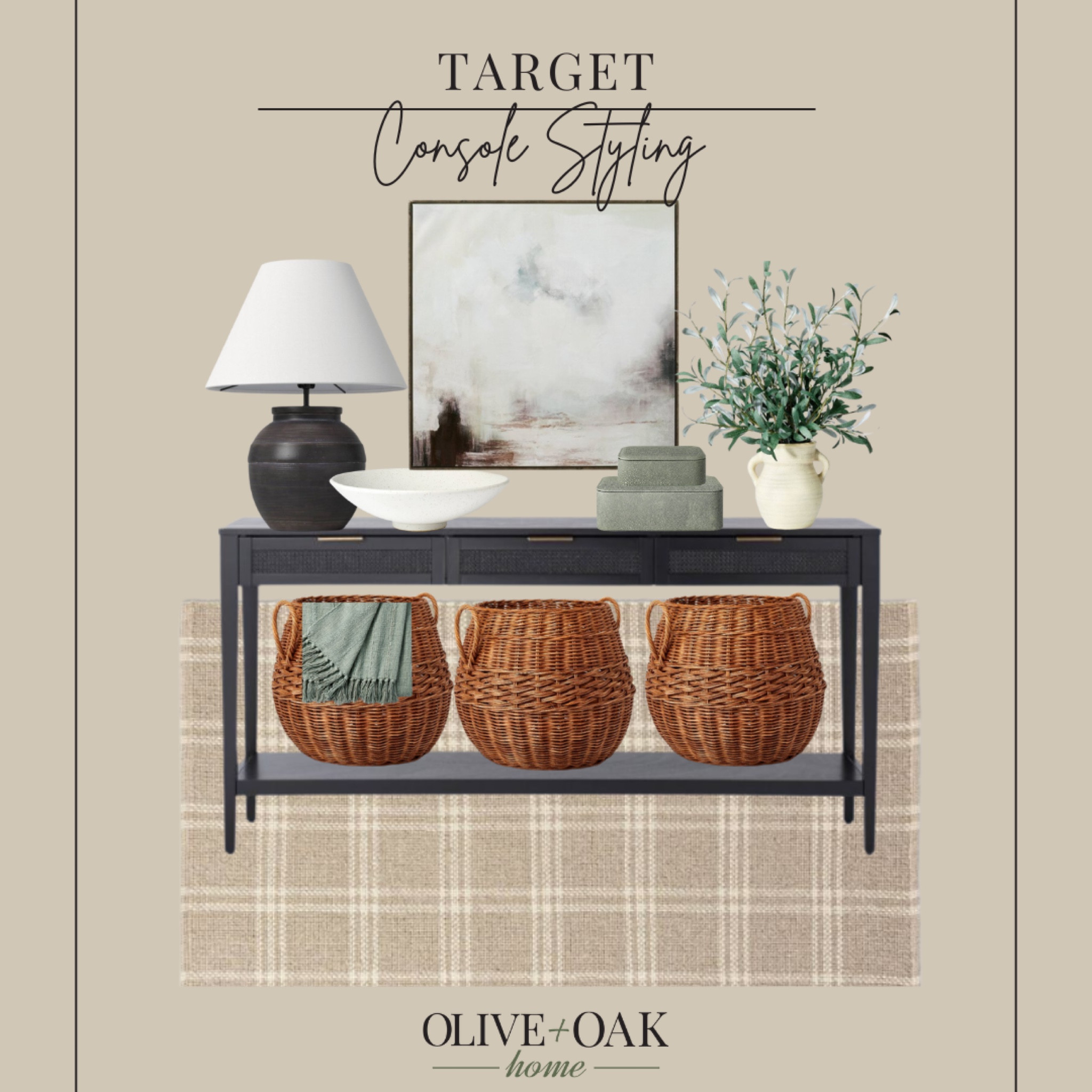 Target console styling ideas 

Console styling black console table decor items large art console art striped rug woven baskets green decor faux greenery abstract art 

#LTKhome